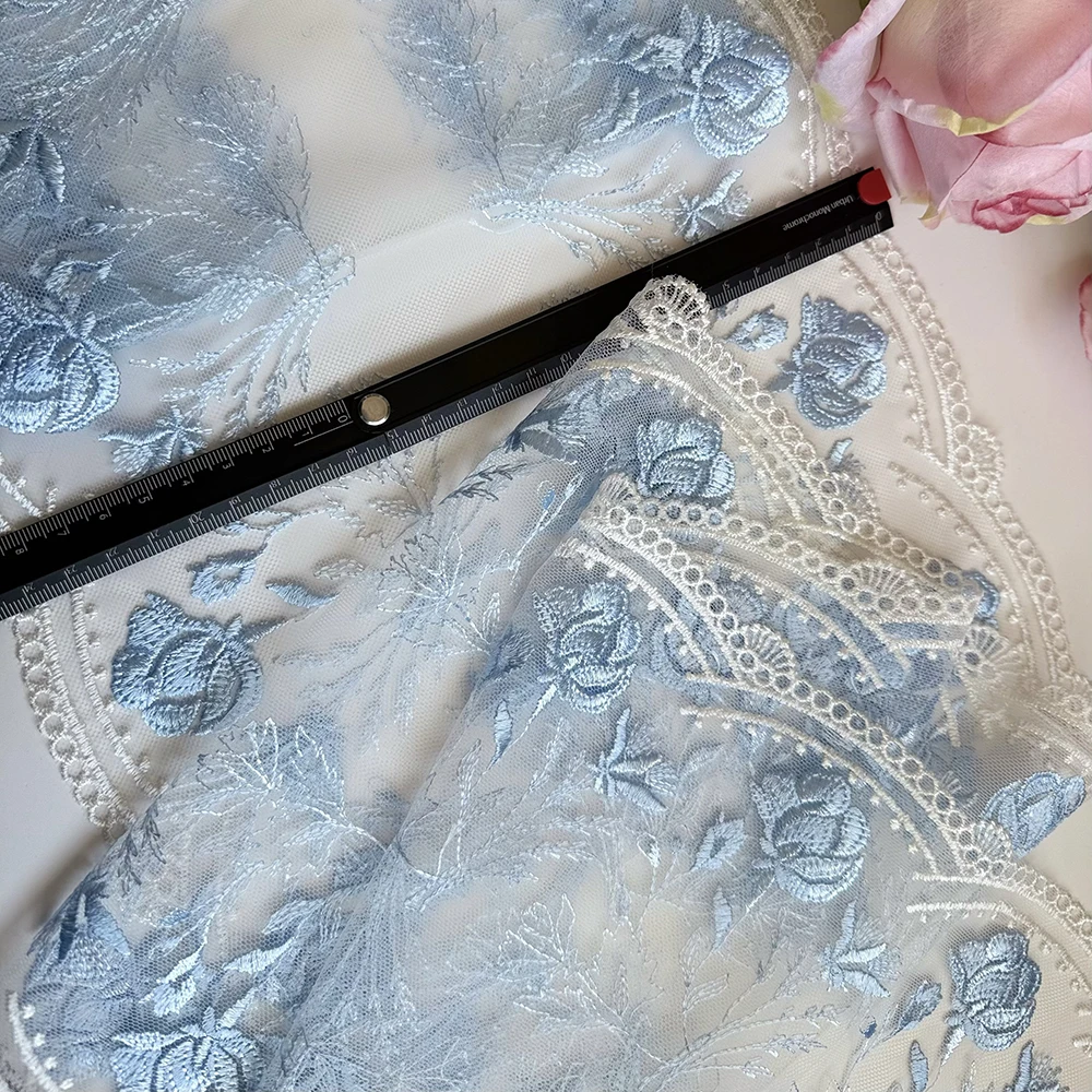 

20Yards 24CM Blue Bilateral Mesh Embroidery Lace, Underwear Lace Accessories, DIY Curtains And Hair Accessories