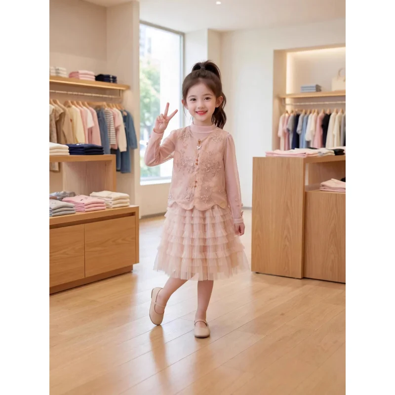 Girls' Spring Season Buttoned Vest Dress Set2026New stylish baby sweet princess dress three-piece set