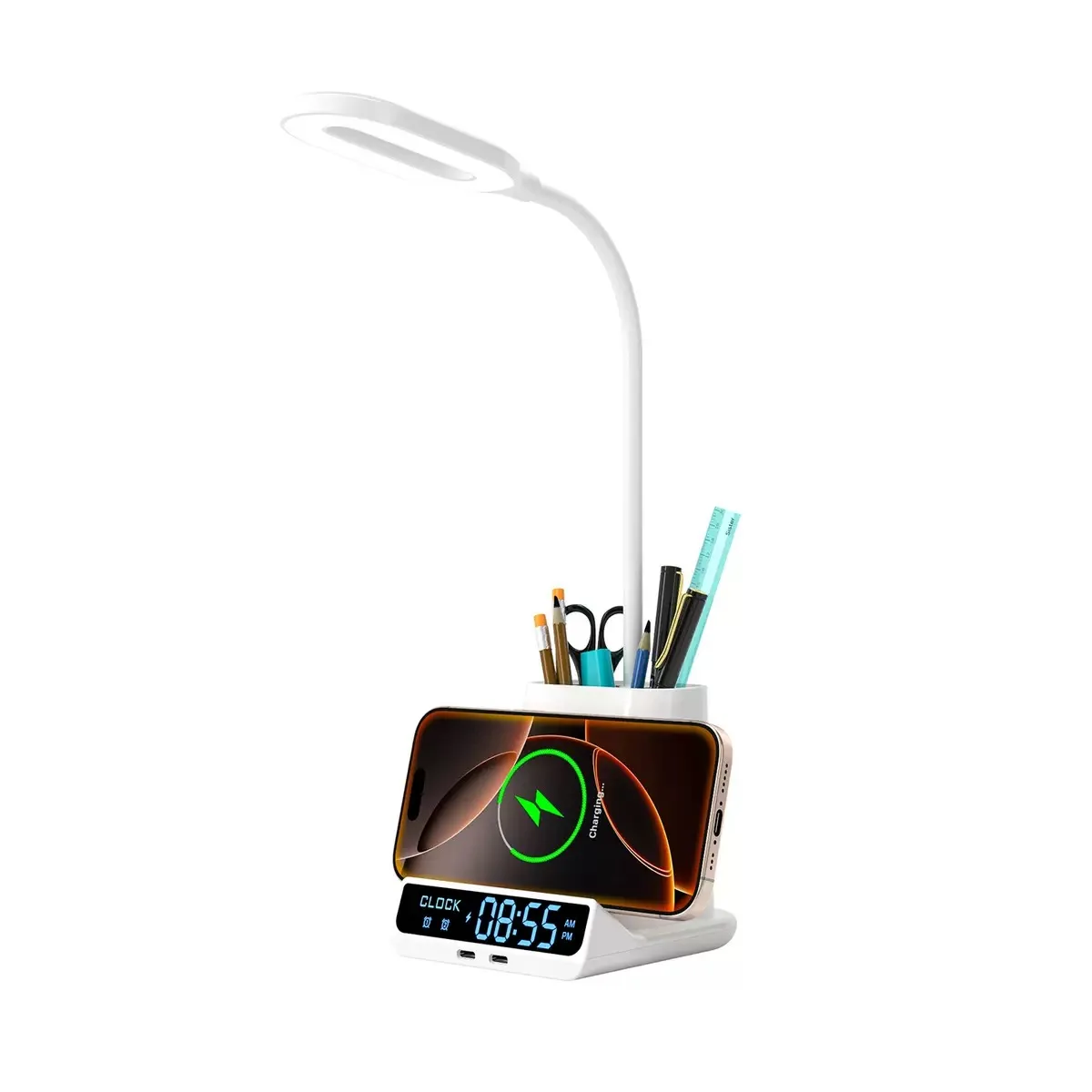 Wireless Charger Pen Holder&Alarm Clock Desktop Type C Port Charge Fast Charging Station for iPhone 17~12 Pro Max Samsung Xiaomi