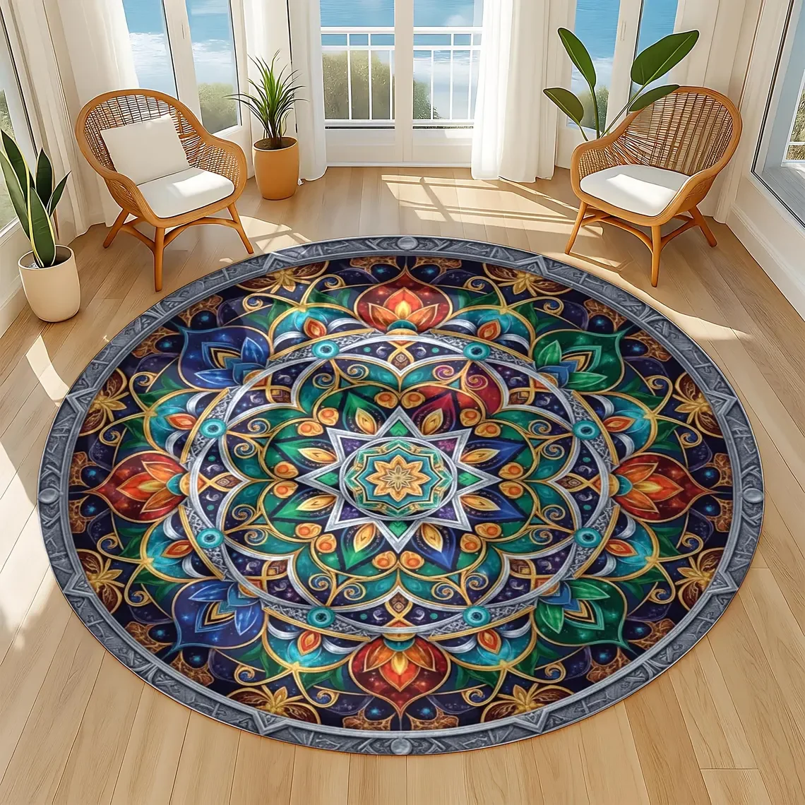 Lotus Flower Round Rug Hummingbirds & Cosmic Mandala, Boho Decor Soft Rugs Coffee Table Carpets Lounge Foot Mat Washable
