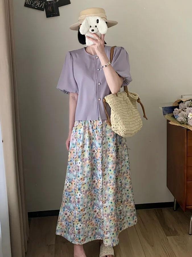 

Лето 2023, женская винтажная юбка Bubble Sve irt с высокой талией и цветочным принтом, модный комплект из двух предметов, высококачественный материал