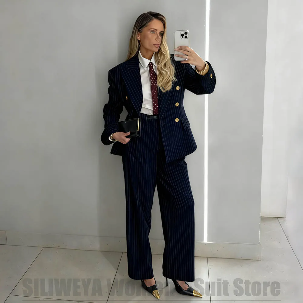 

Модный женский полосатый костюм, двубортный пиджак и широкие брюки, комплект официальных офисных женских повседневных повседневных костюмов из двух предметов