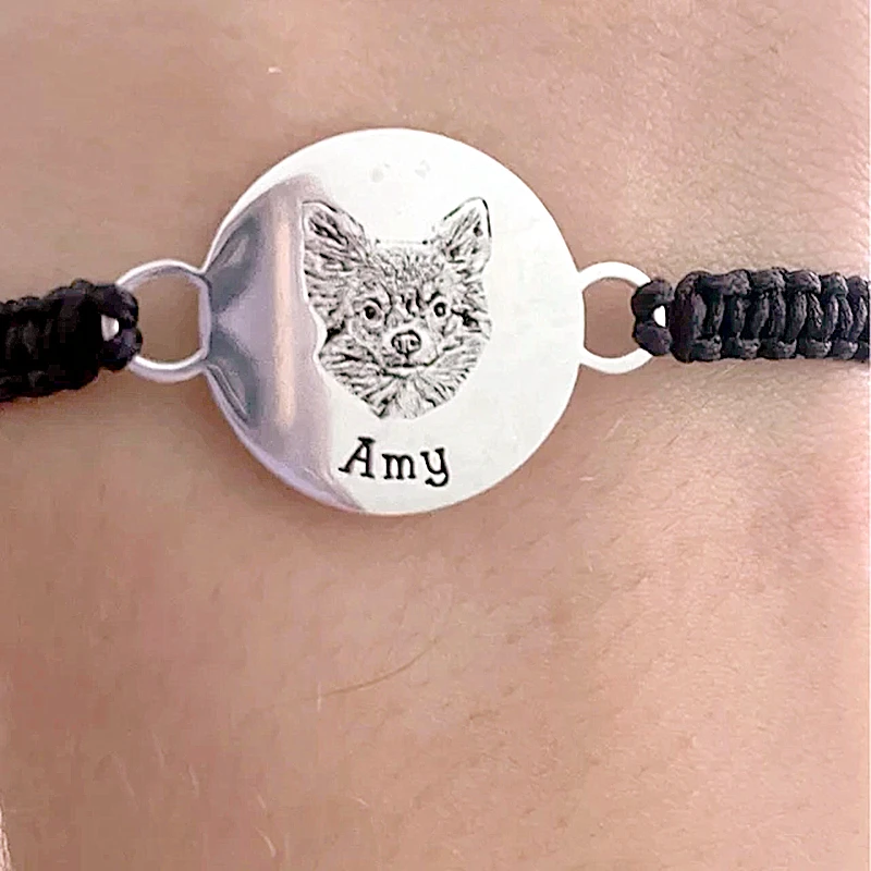 Customied Pet Portrait Bracelet For Women Personalized Dog Photo Stainless Steel Adjustable  Owner braided rope Bangle Jewelry G