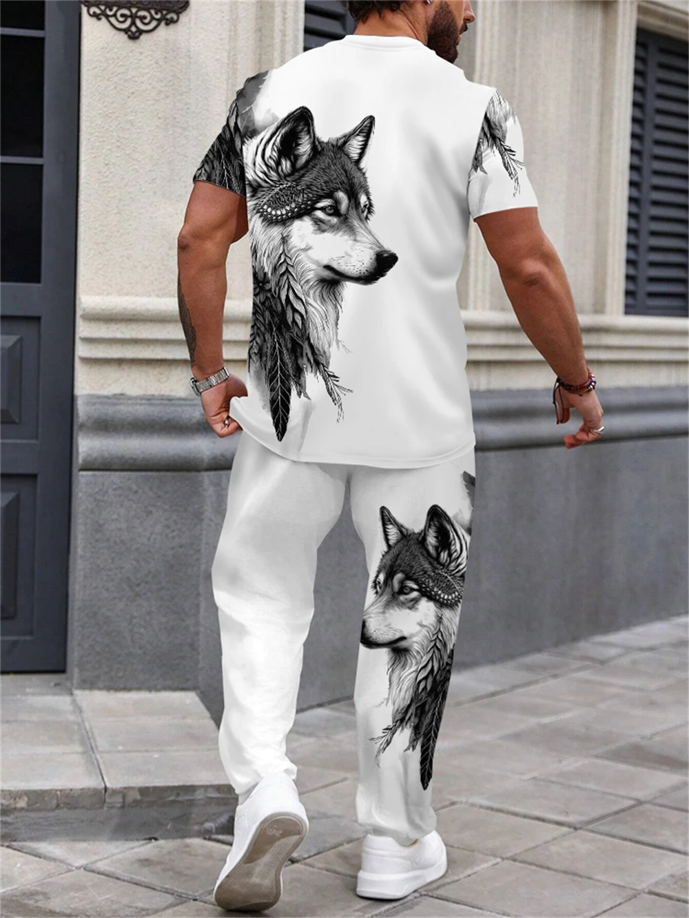 Conjunto de dos piezas con estampado de cabeza de lobo en blanco y negro para hombre, camiseta y pantalón de manga corta con cuello redondo informal