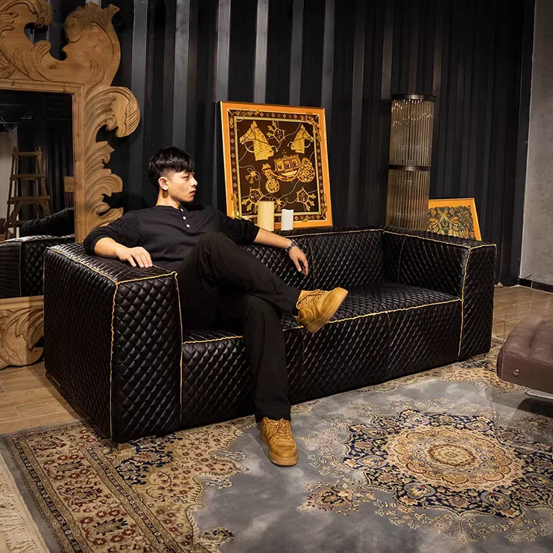Medieval-style top-grain leather sofa, American vintage living room black tofu block sofa, whiskey cigar room straight-line sofa