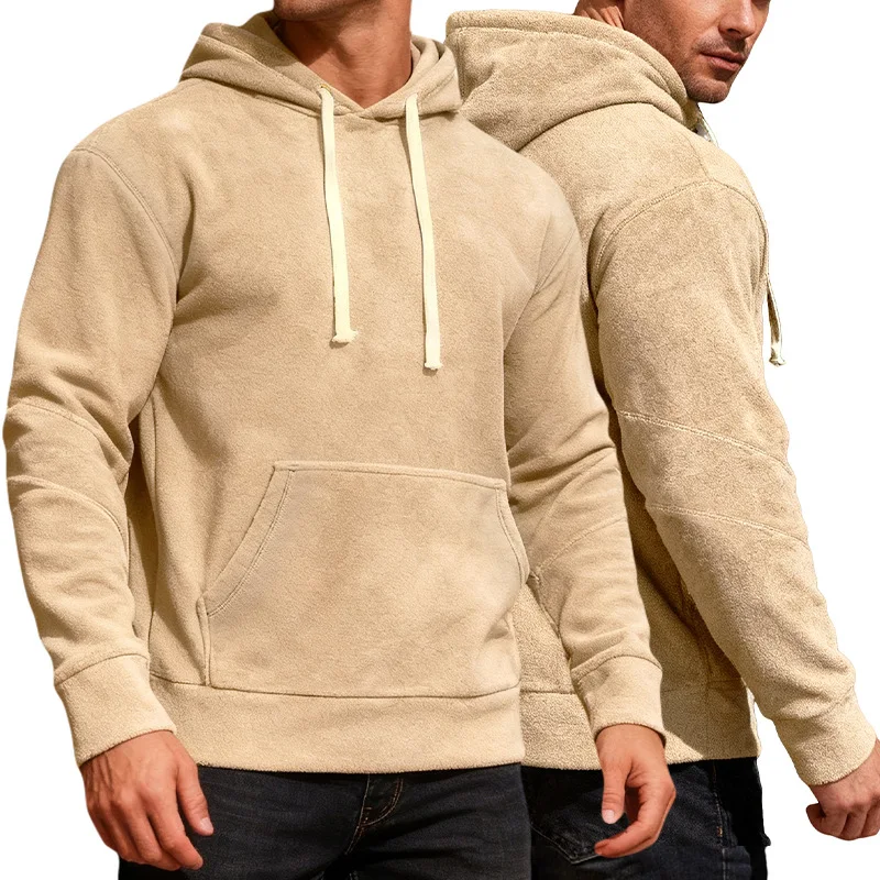 Autumn and Winter Men's Leisure Sports Commuter Hooded Loose Pockets Solid Color Fleece Sweater