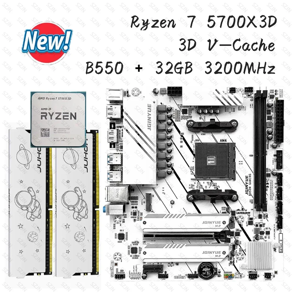 JGINYUE B550 Motherboard Set AMD Ryzen 7 5700X3D Kit with DDR4 32GB 3200MHz Support NVME M.2 M-ATX Gameing Motherboard Combo