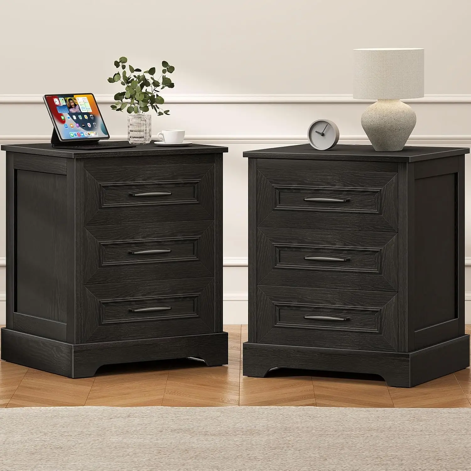 Farmhouse Nightstand With Charging Station, Wood 3 Drawer Bedside Table Set Of 2, Rustic Bedroom Storage, 18