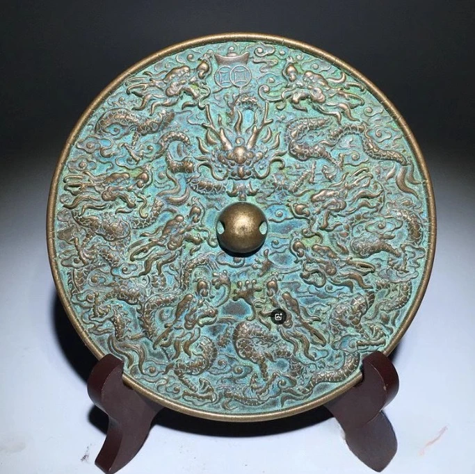Espejo de bronce antiguo de China, diseño de dragón y Fénix, decoración de seguridad fengshui, artesanías de metal para el hogar