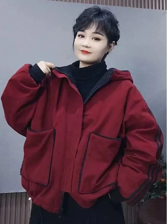 

Double-Sided Wear Cotton Jaet Women's Thiened Fce Lined Loose Casual Sle Winter Outerwear Korean Version