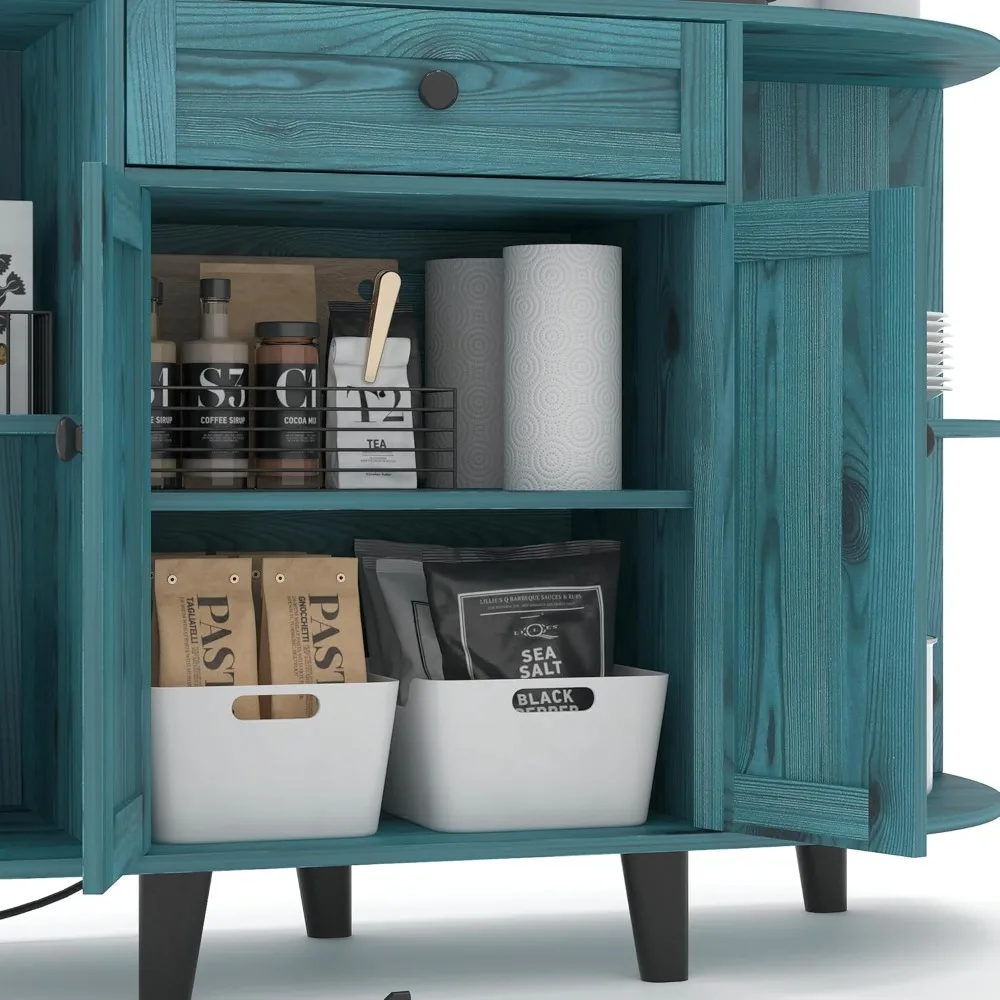 خزانة بوفيه جانبية مع مخرج طاقة، خزانة مطبخ قائمة بذاتها مع مساحة تخزين، بار قهوة مميز مع أبواب، أزرق عتيق