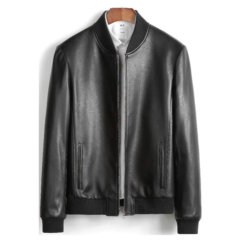 Haining men's genuine leather sheepskin jacket baseball jacket trendy simple jacket