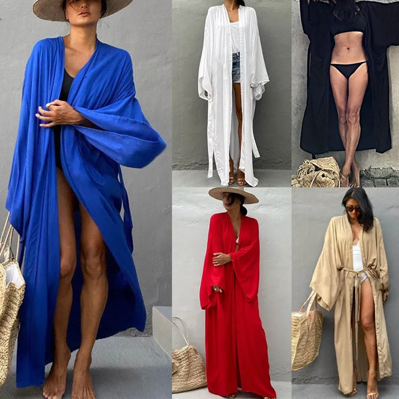 Solid Color Beach Cover Up Women Vacation Beachwear Casual Oversized Kimono Cardigan 2025 New Bathing Suit Bikini Cover Up Dress