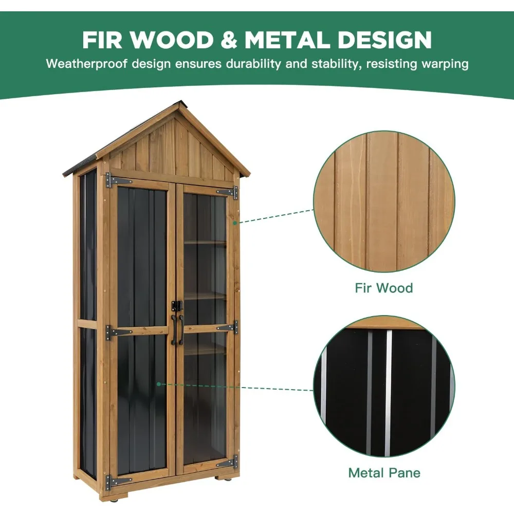 خزانة تخزين خارجية مقاومة للعوامل الجوية مع سقيفة معدنية وخشبية وأبواب قابلة للقفل وأرفف قابلة للتعديل وسقف متين لـ Secure S