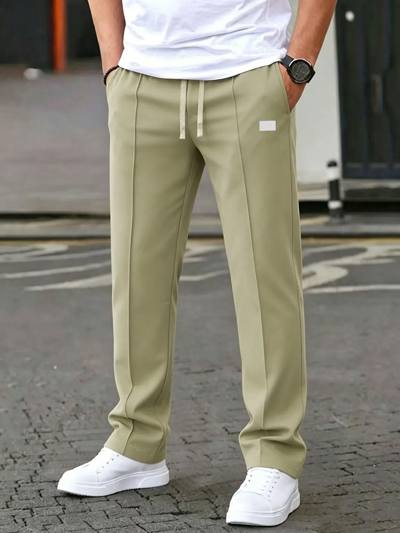 Einfarbige Herrenhose mit Kordelzug an der Taille, normale Passform, lässige, bequeme Taschenhose für Frühling und Herbst, Herrenhose für den Alltag – Detail 9