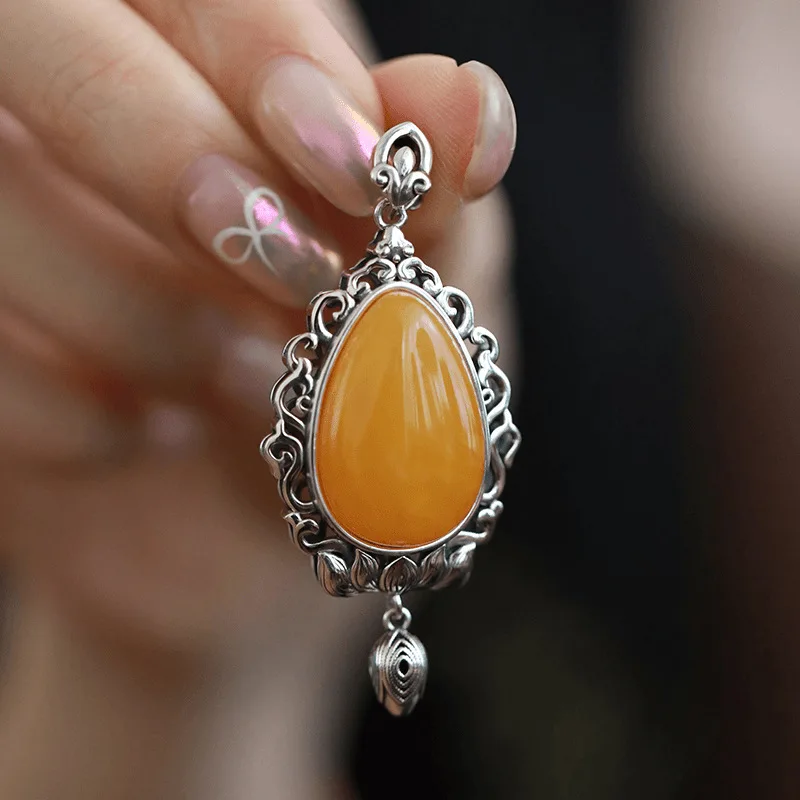 Traditional Chinese Fengshui Palace Style Vintage Ethnic Lucky Lotus Water Drop Pendant Necklace Hollow Out Tassel Antique Finis