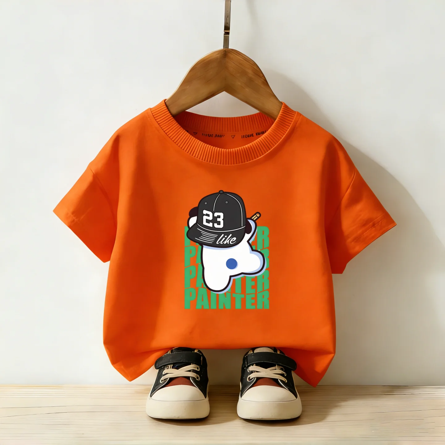 Cartoon Cute Painter Printed Short Sleeved T-shirt for Children, Round Neck Loose Top for Boys and Girls Children's Clothing