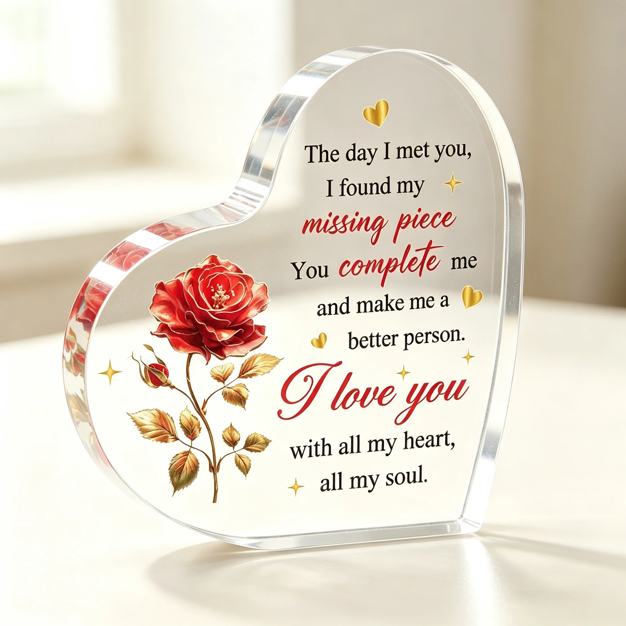Elegant Red Rose & Golden Sparkle Accent Heart‑Shaped Acrylic Ornament, Anniversary Valentine’s Day Sentimental Gift