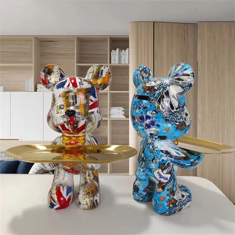 29cm Graffiti Bear Figurine Home Decoration Animal Statue Keys Storage Shelf Modern Room Sculpture Table Decor Abstract Ornament