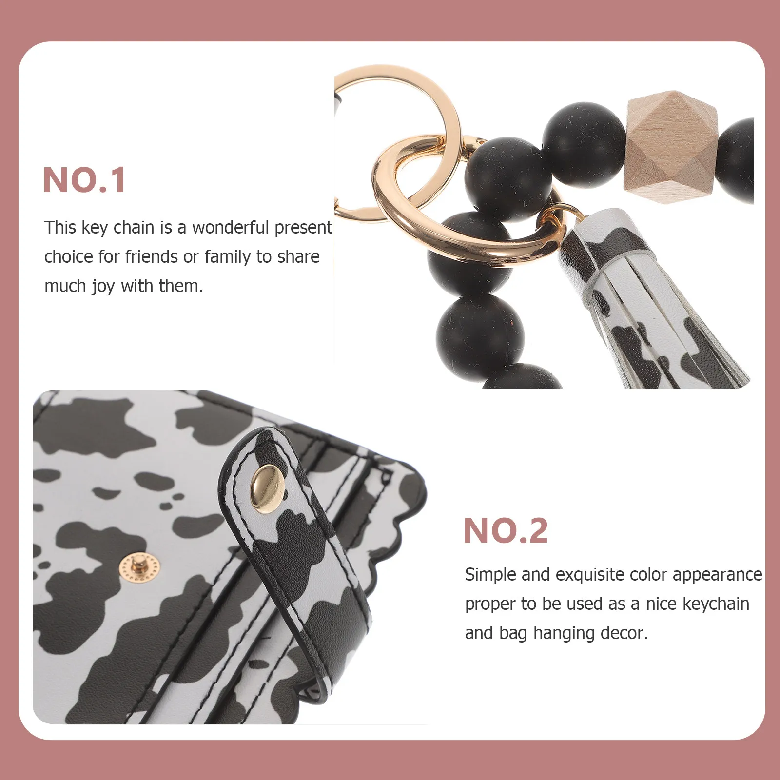 Beaded Keychain Bracelet PU Wristlet Bangle Card Pocket Tassel Keyring Secure Hold Lightweight Portable Wristlet Keychain