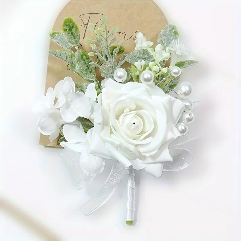 flores artificiales de rosas, ramillete blanco de simulación, boutonniere, flores falsas de muñeca, para decoración nupcial de cumpleaños y boda, 1/2 Uds. ﻿