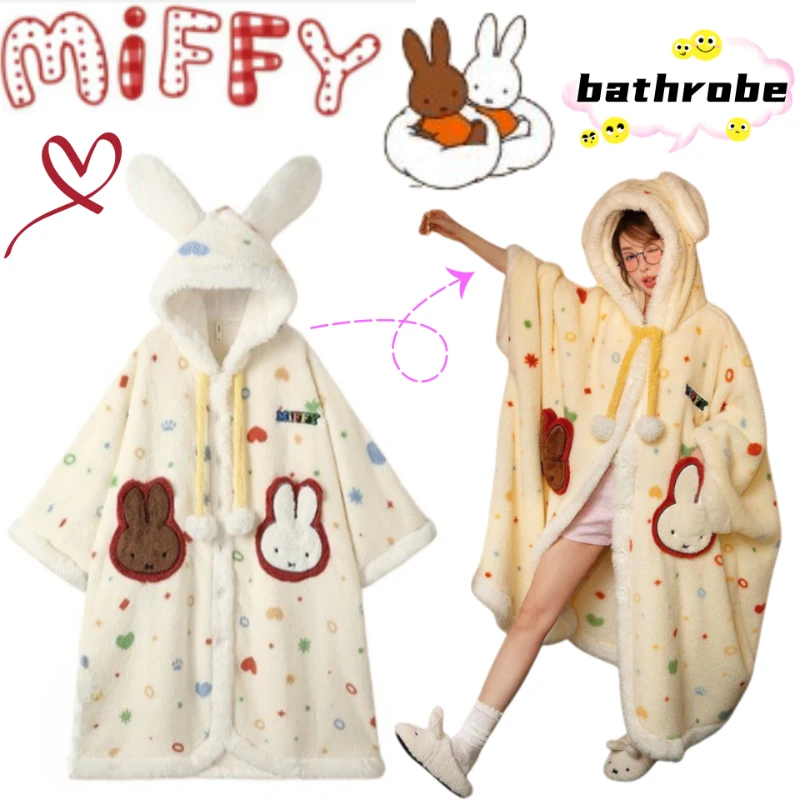 Miffy Animation Surrounding High Color Value Coral Fleece Nightgown Autumn and Winter Thickened Warm Poured Hooded Home Clothes