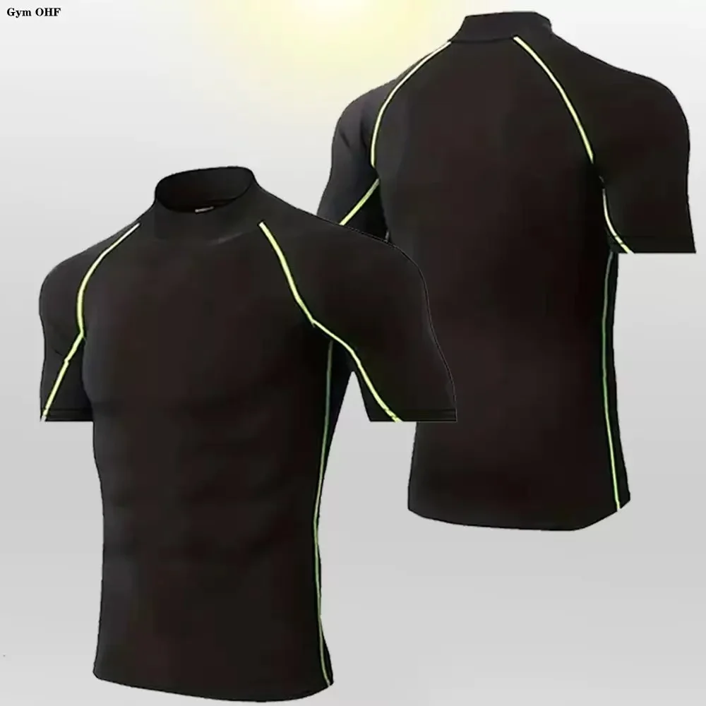 new summer men's fitness running training breathable fast drying tight fitting T-shirt high neck can