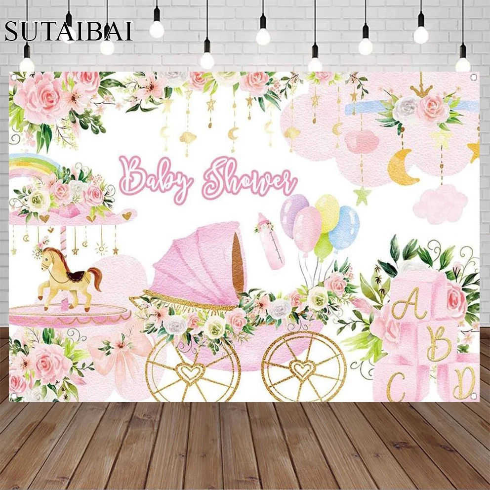 

Pink Flowers Princess Prince Baby Shower Backdrop Carnival Circus Carousel Girls Boys Background Baby Shower Party Photo Banner