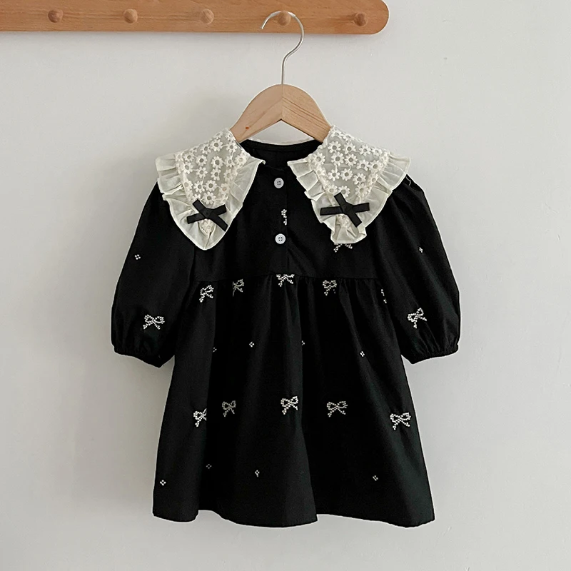 2024 New Spring 0-6Yrs Girls Princess Dress Long Sleeved Cotton Embroidery Splicing Kids Party Dress Children Clothing