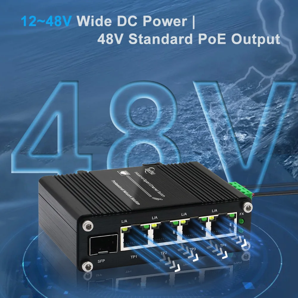 Switch PoE Gigabit óptico industrial de 2/3/4/5 portas 30W com slot SFP, IEEE802.3af/at, entrada 12-48VDC, saída PoE 48V, Rai Din