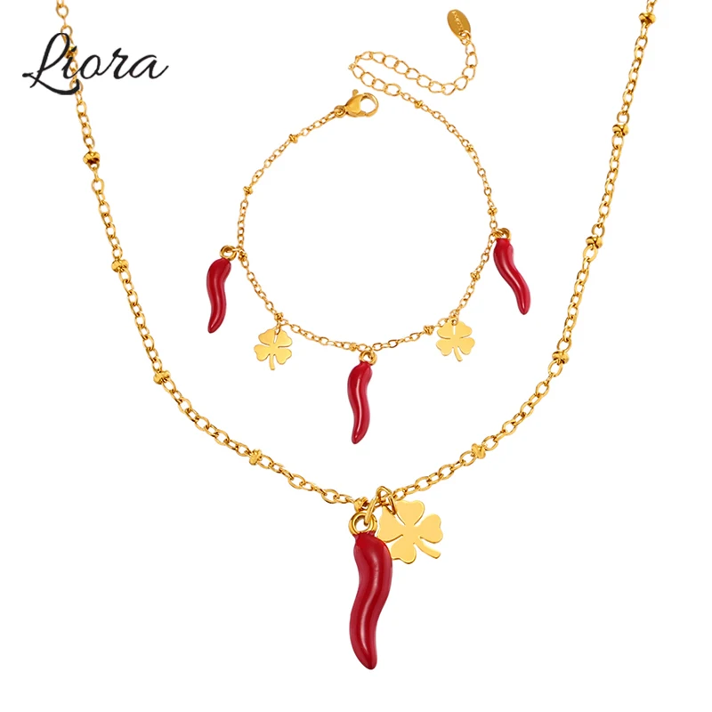 Liora New Lucky Clover Red Pepper Pendant Necklace Bracelet For Women Stainless Steel Chain Charm Wedding Jewelry Set Gifts