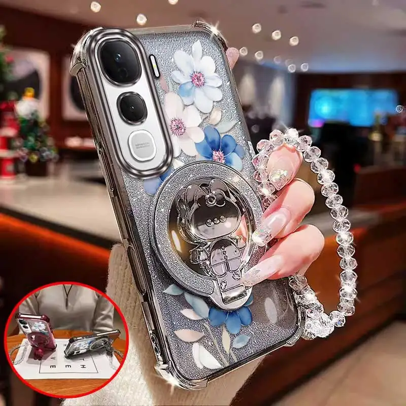 3 pièces (coque de téléphone à motif floral attrayant + cordon + support) pour Vivo Y400Pro/V60Lite/V50/Y31/Y100/Y21d/V70Fe/Y18/V60