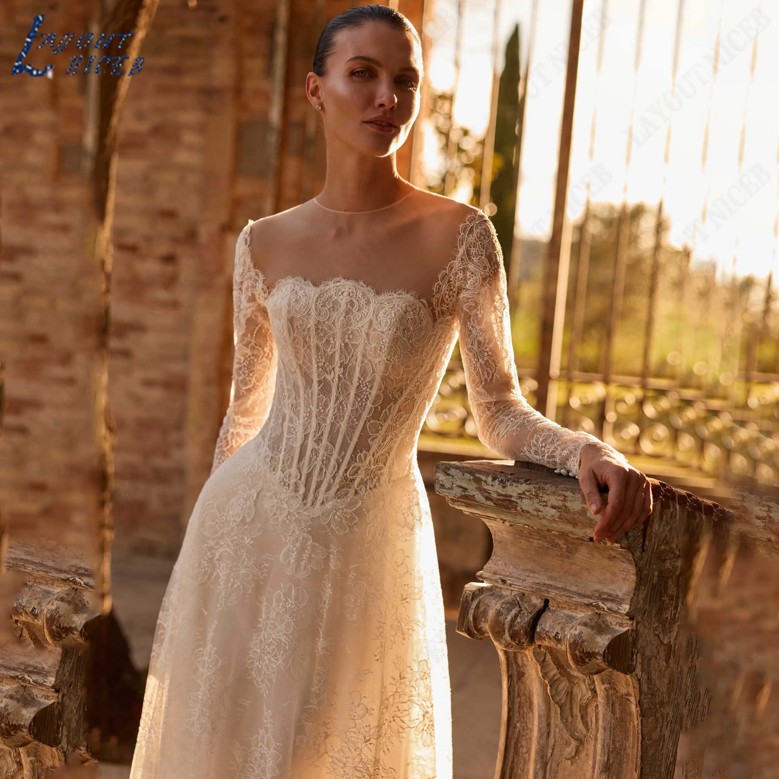 LAYOUT NICEB Custom Made O-Neck Long Sleeve Bridal Gown Lace Illusion Wedding Dress A-Line Basque Bride Gowns Minimalist