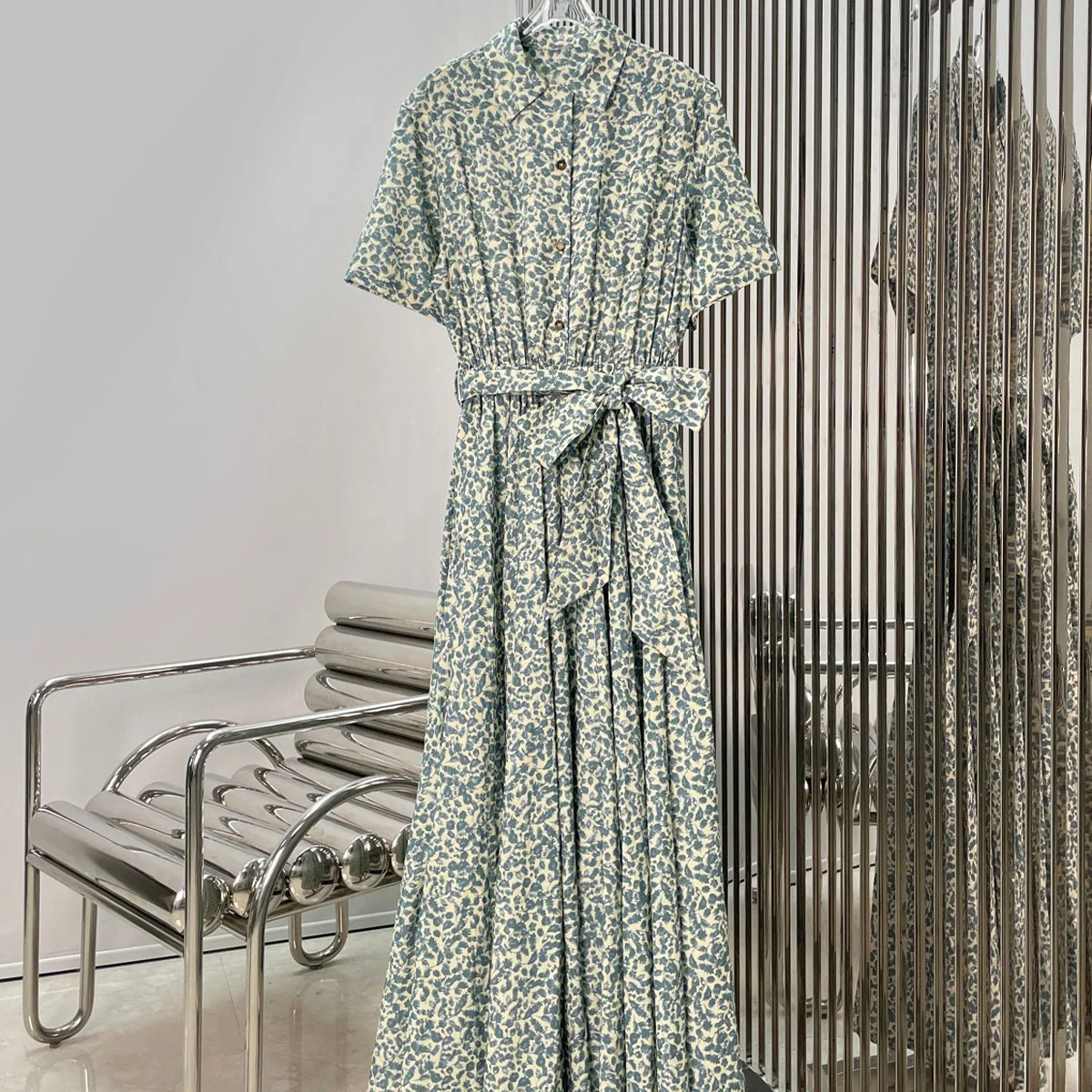 High Quality Women Floral Print Maxi Dress Lapel Collar Short Sleeve Waist Tie Belt Pleated Long Dress lyt133569