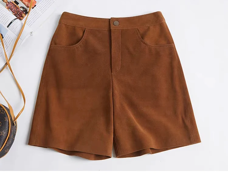 Retro Women's Kid Suede Leather Shorts 2025 Spring Vertical Bar Sheepskin  Pants Mujer Casual Pantalones Cortos