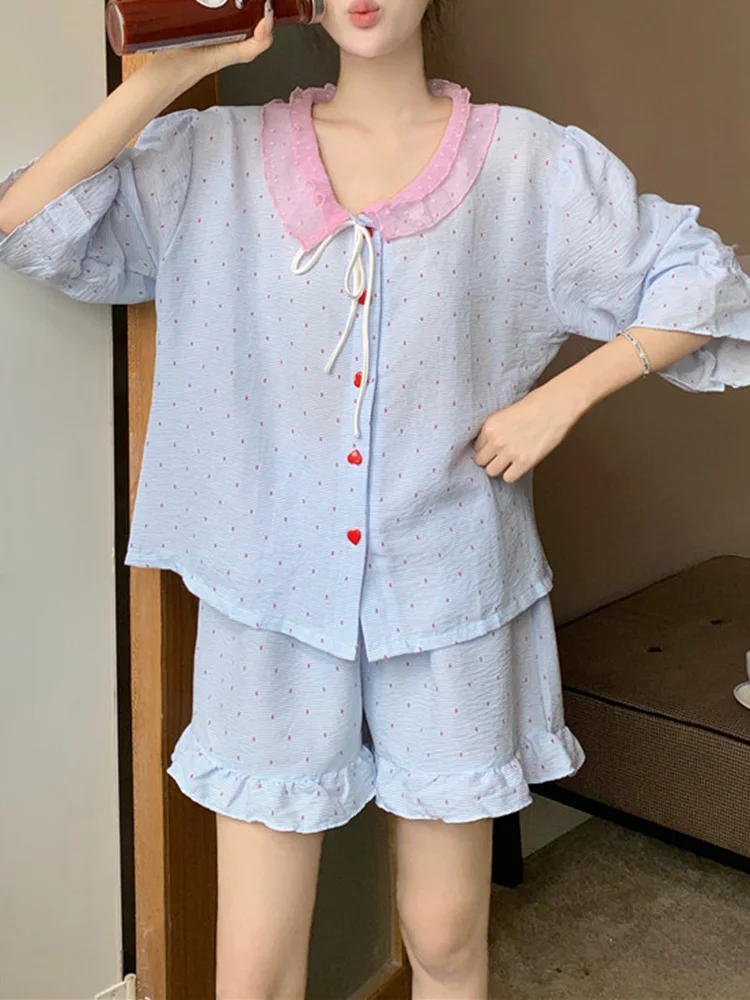 New Simple Sweet Cute Princess Lace Summer Korean Style Pajama Set Women Short SleeveRound dot Contrasting Colors Sleep Tops Ins