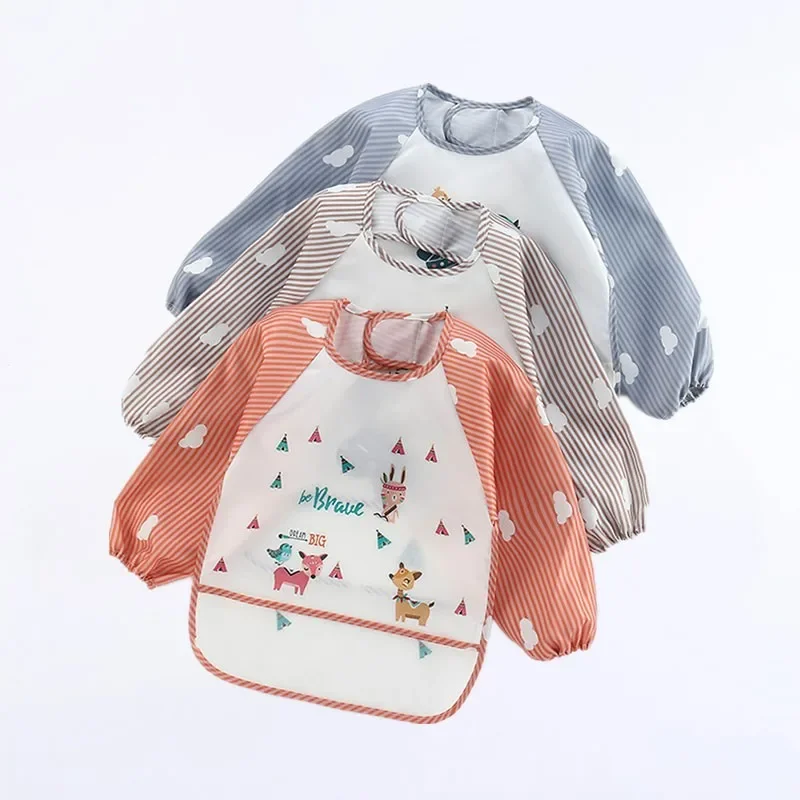 Baby Bibs Cute Colorful Cartoon Waterproof Bib Infant Eating Children Drawing Long Sleeve Pocket Apron Self Feeding Baby 0-3Y