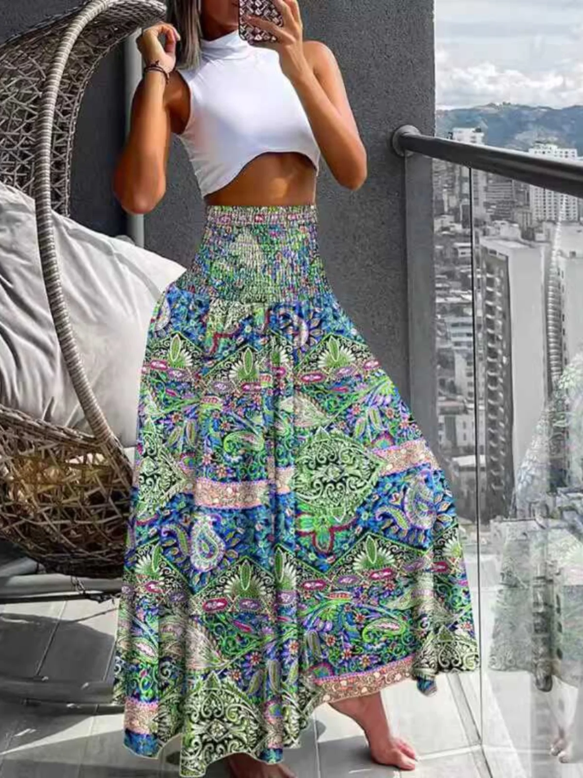 Beach Vacation High Waist Bohemian Print Elastic Waist Half Body Long Skirt Women Summer A-Line Skirt Retro Style Long Skirt