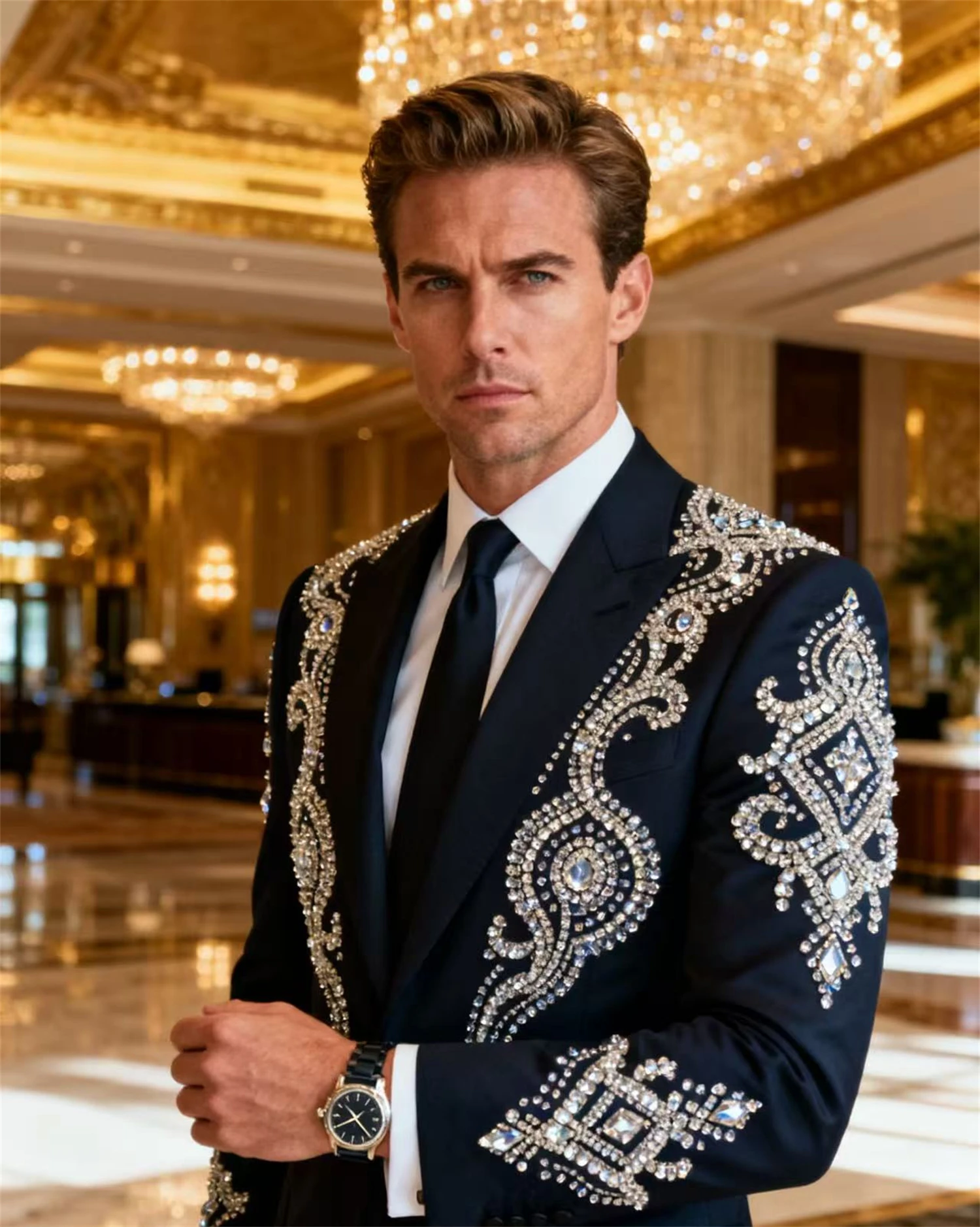 

Элегантные мужские костюмы из рейнского камня по индивидуальному заказу, блестящие свадебные смокинги из бисера, облегающие Ropa hombre, комплекты из 2 предметов, мужские пиджаки для жениха