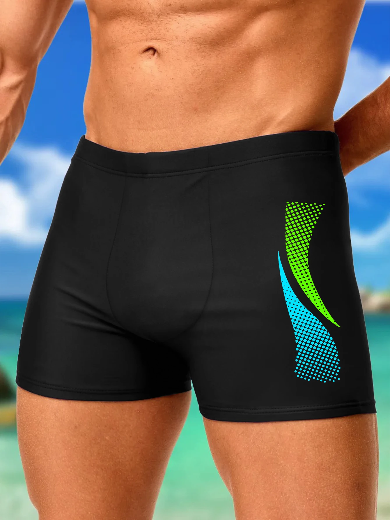 2pcs Men Swimwears with Sport Prints Quick Dry Beach Boxer Shorts with Drawstrings Solid Swim Cap Boy Swimwear Underpants Set