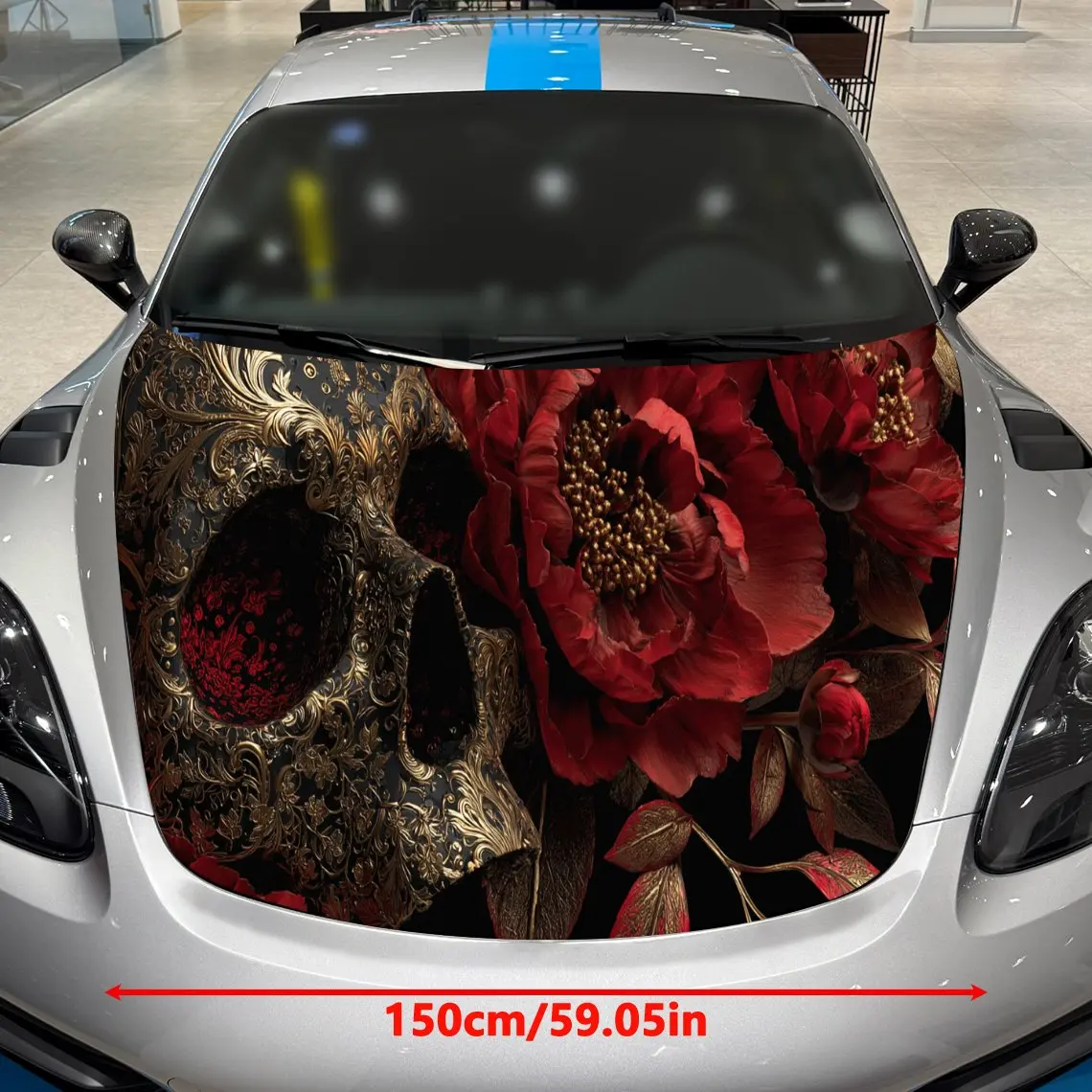 Gilded Skull Peony Dominance Scene PVC Car Hood Wraps, Self-Adhesive Waterproof Car Bonnet Decal Sticker, Car Decoration Protect