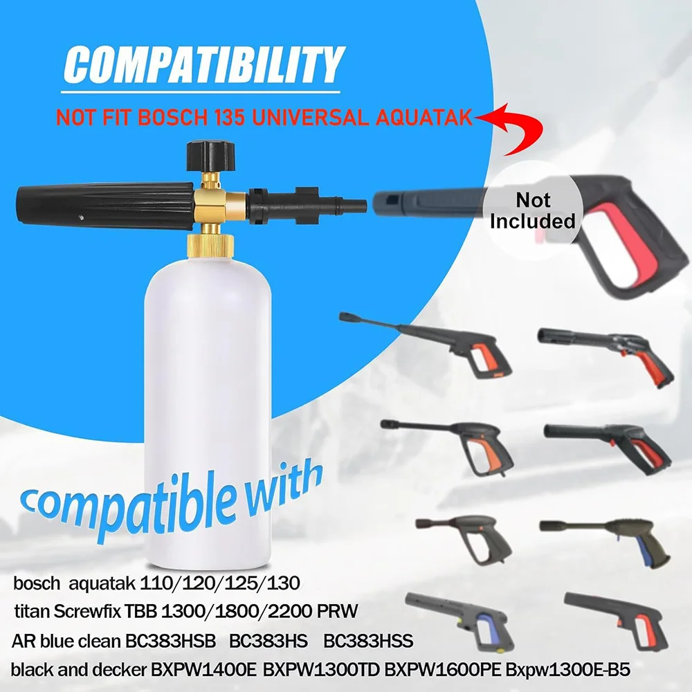 Snow Foam Lance for Bosch AQT 1L Foam Cannon Adjustable 0-120 Nozzle Foam Volume Dial for Titan AR Blue Clean Black Decker