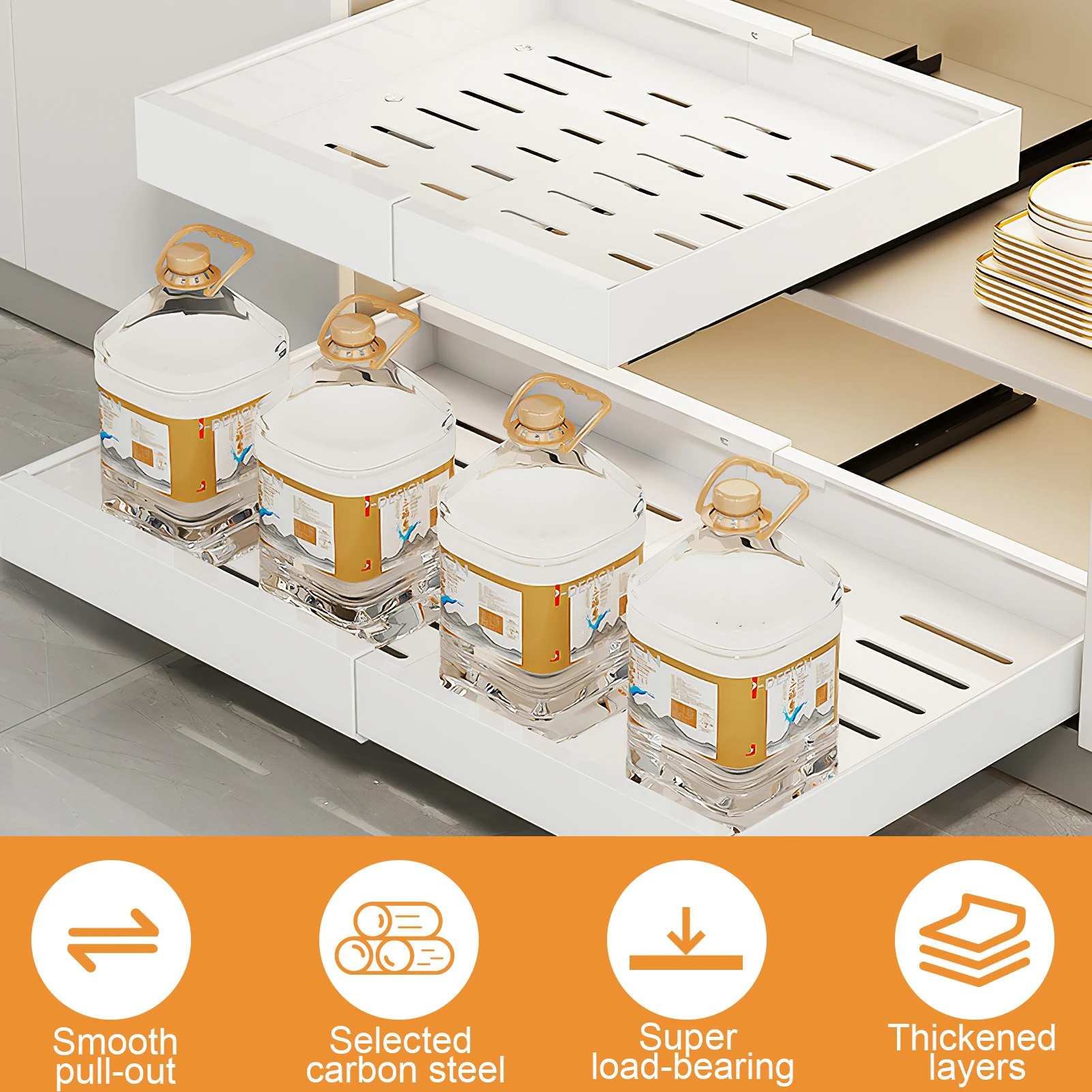 2 Stück (weiß) Ausziehbare Schrankregale | Schiebe-Regal-Schubladen-Organizer | Ausziehbares Schiebe-Ablagefach für Zuhause, Küche, Restaurant, Hotel – Detail 2
