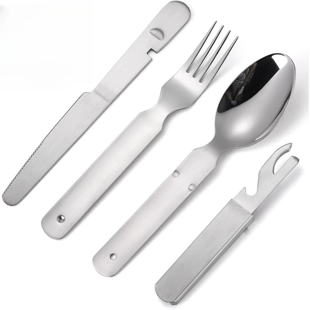 4Pcs Cutlery Set 304 Stainless Steel Knife Fork and Spoon Cutlery Set Camping Cutlery Outdoor Travel with Bottle Opener
