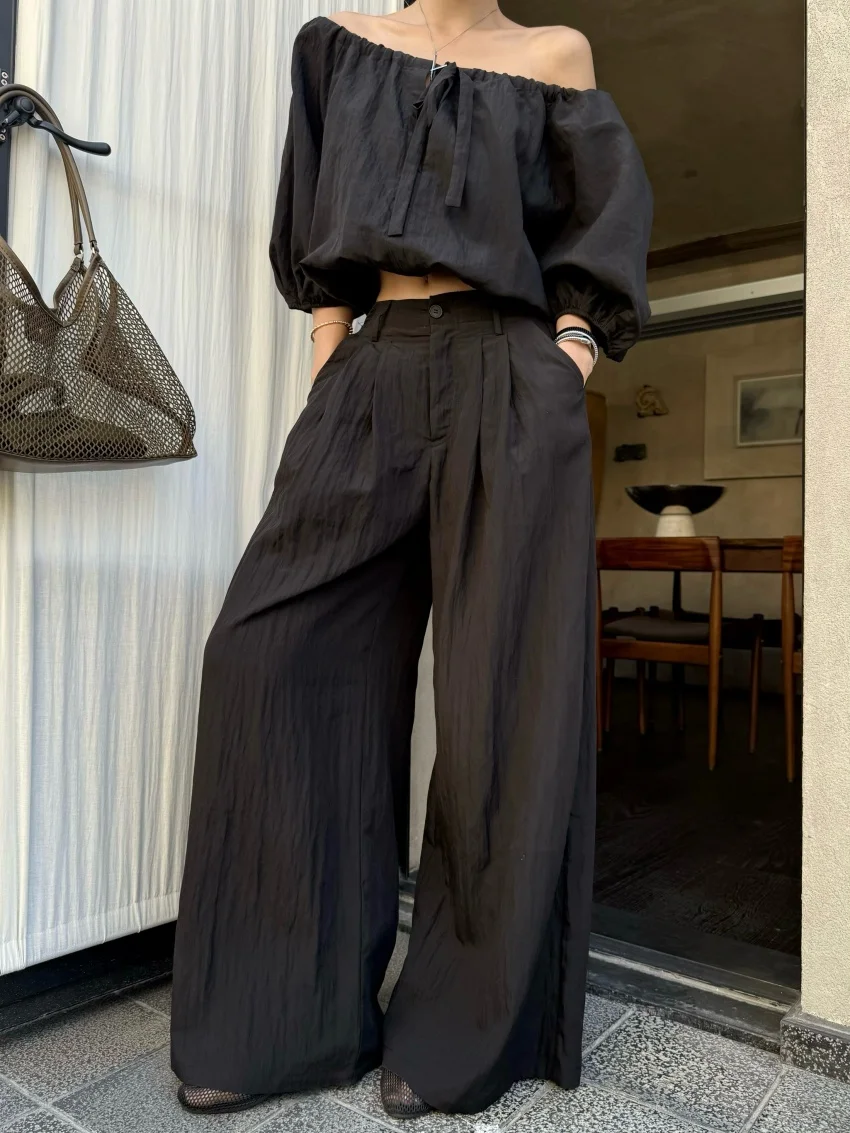 Alien Kitty Fashion New Women Suits Chic Slash Neck Daily Blouses 2025 Minimalist Summer High Waist Streetwear Office Lady Pants