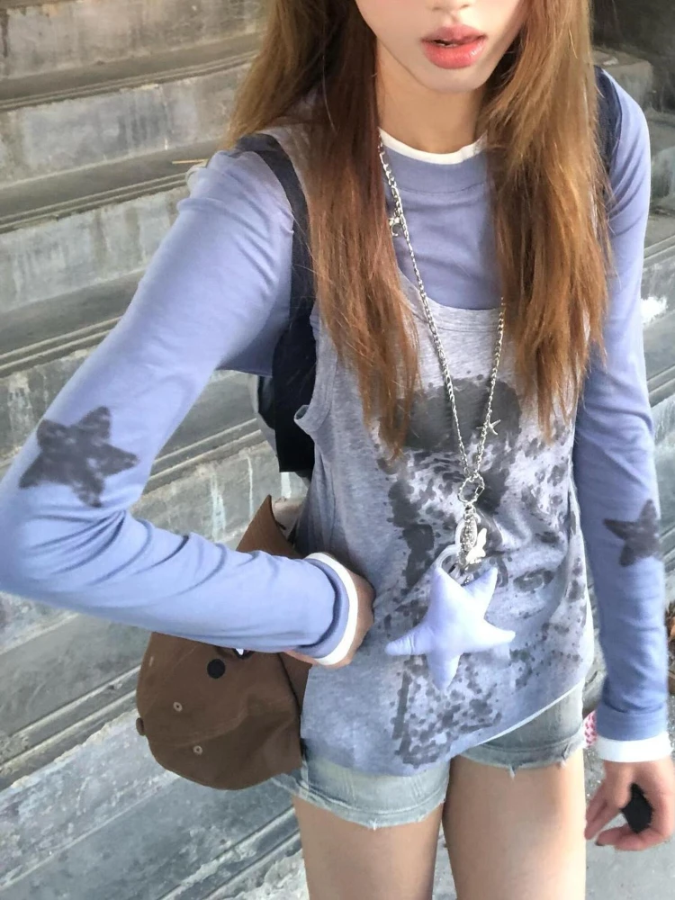 

HOUZHOU Y2k Aesthetic Juminocore Two Piece Sets Women T-Shirts Harajuku Long Sleeve Japanese Fashion Tees Loose Grunge Gyaru