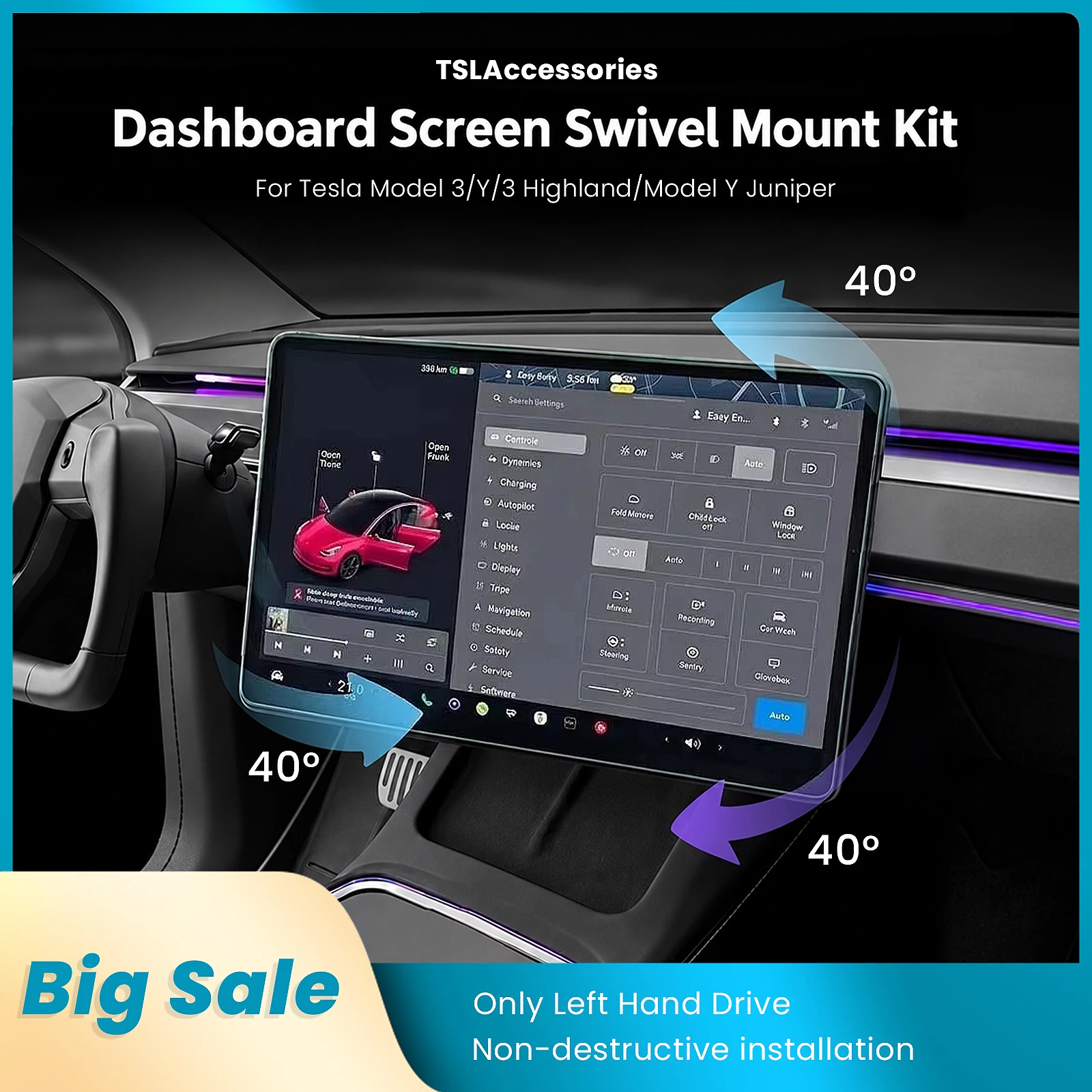 V2 Screen Swivel Mount Kit 4 Way Adjustable Rotation Bracket for Model 3 / Y/ 3 Highland / Y Juniper Left Hand Drive Holder