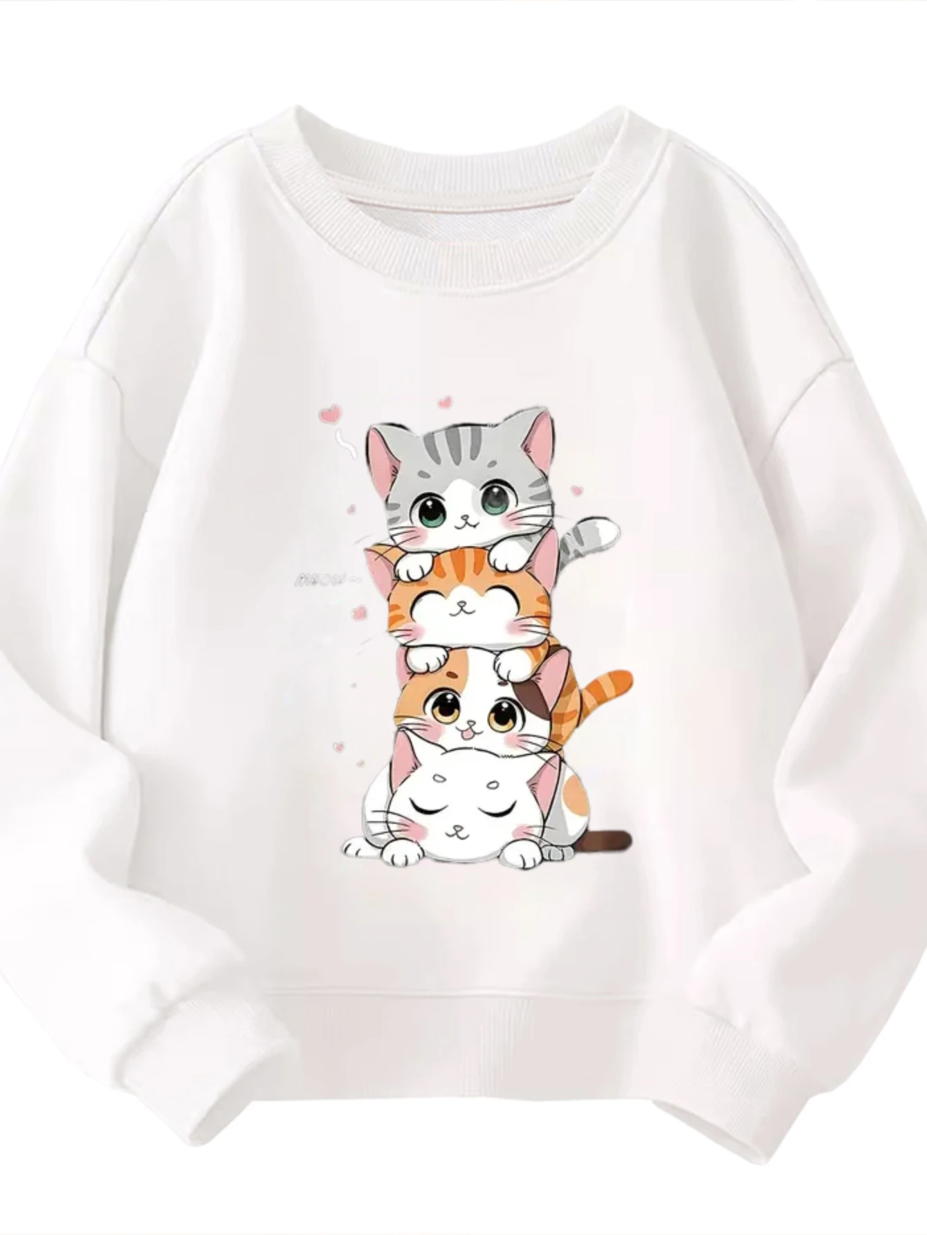 

Kids Crew Neck Sweatshirt Stacked Cartoon Cats With Hearts Boys Girls Graphic White Pullover For Daily Casual Wear