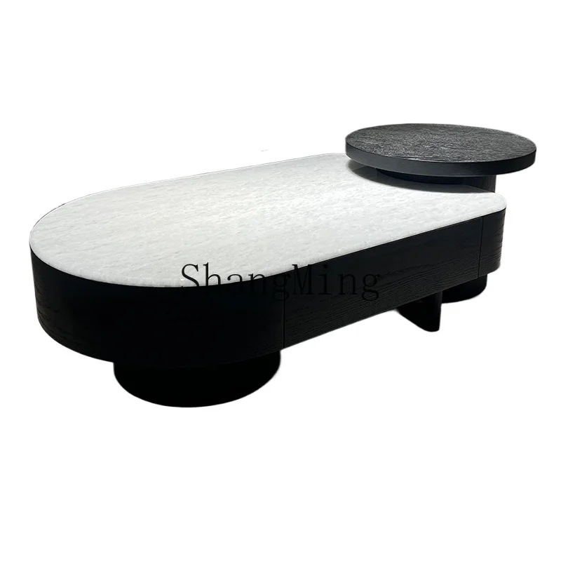 

LXY white microcrystalline stone coffee table black suspended with drawer coffee table round high-end artistic coffee table