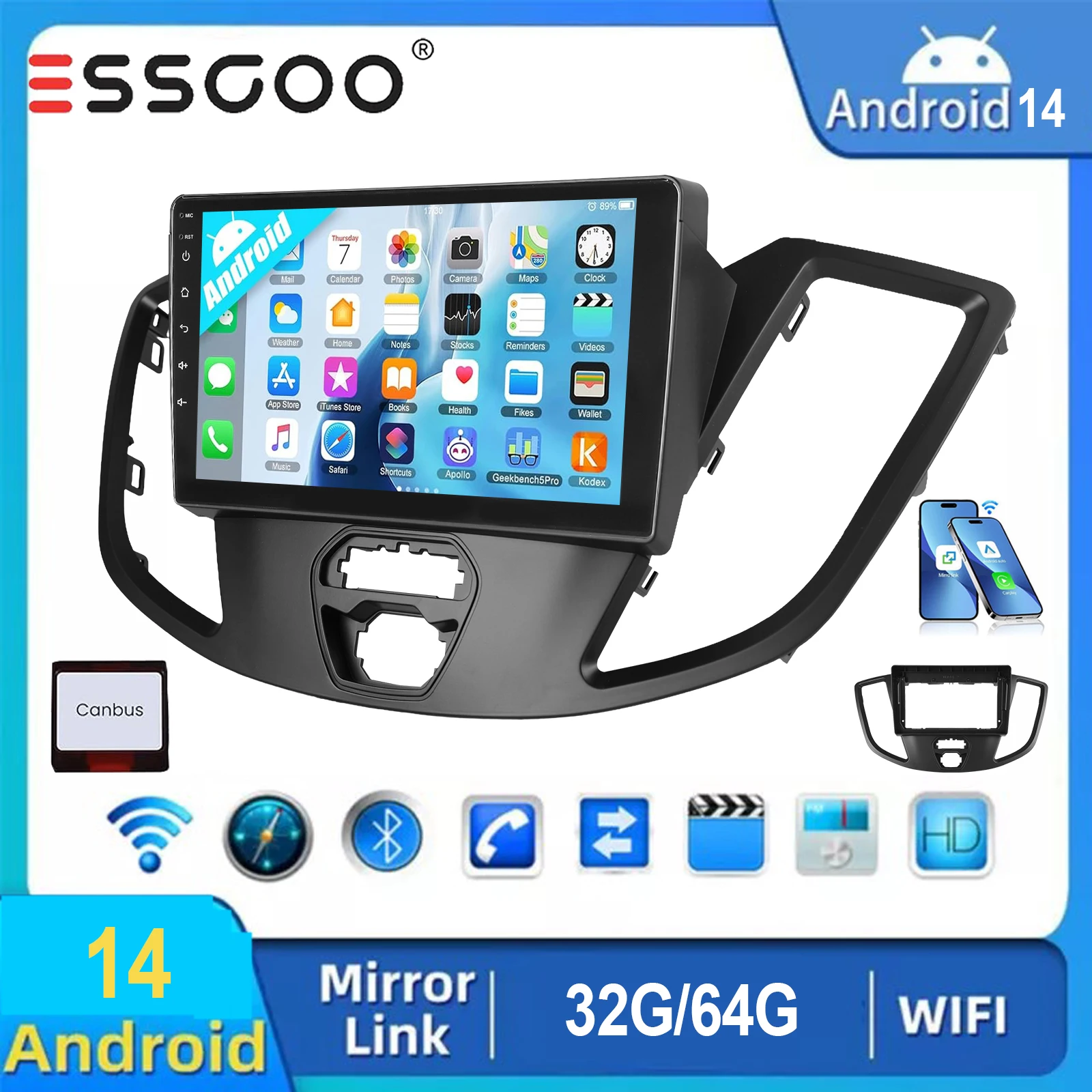 ESSGOO 9 "Für Ford Transit 2015-2019 Android 14 Auto Stereo GPS Navi Drahtlose CarPlay Android Auto BT FM SWC RDS Spiegel link WIFI